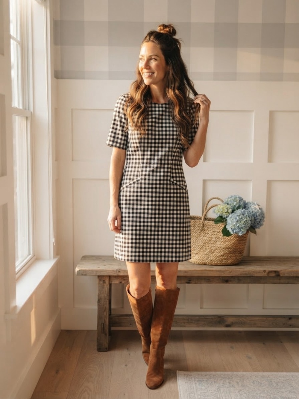 J. Crew Black and White Gingham Short-Sleeve Mini Dress